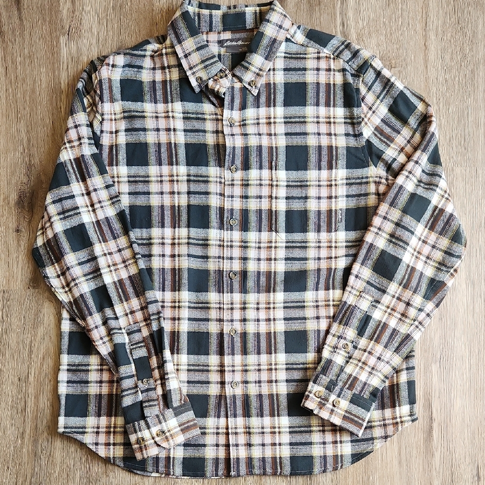 Eddie Bauer Men's Plaid Button-Down Shirt in Green, White, and Orange Plaid